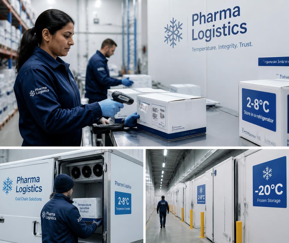 Centro logístico farmacêutico com leitura de códigos, caixas térmicas e controle de temperatura